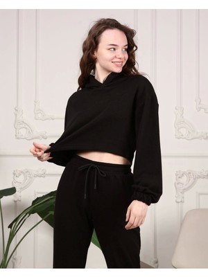 Kadın Siyah Crop Sweatshirt Oversize Rahat Giyim