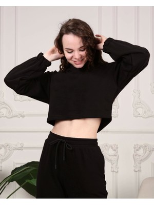 Kadın Siyah Crop Sweatshirt Oversize Rahat Giyim