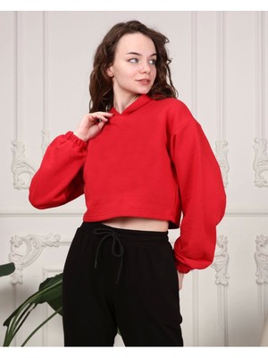 Kadın Kırmızı Crop Sweatshirt Oversize Rahat Giyim