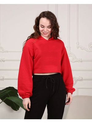 Kadın Kırmızı Crop Sweatshirt Oversize Rahat Giyim