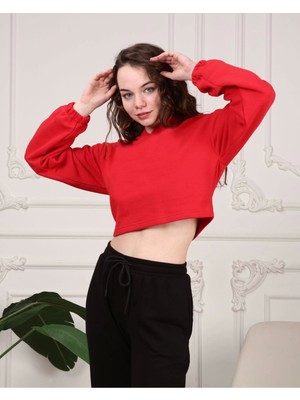 Kadın Kırmızı Crop Sweatshirt Oversize Rahat Giyim