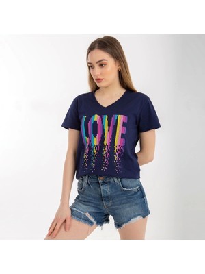 Kadın Lacivert Love Baskılı V Yaka Tshirt Regular Fıt