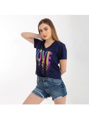 Kadın Lacivert Love Baskılı V Yaka Tshirt Regular Fıt