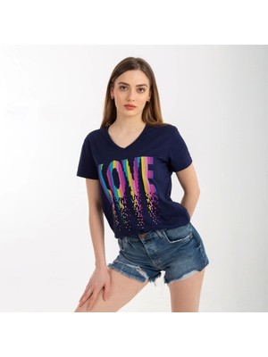 Kadın Lacivert Love Baskılı V Yaka Tshirt Regular Fıt