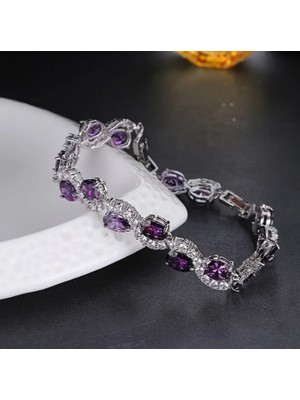 Lüks Zarif Mor Oval Zirkonya Taşlı Gümüş Bağlantı Zincirli Bileklik
