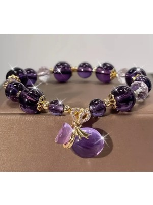 Doğal Kristal Boncuklu Ametist Şans Çantası Detaylı Kadın Bileklik