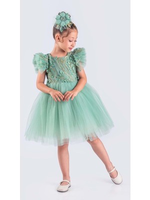 Mnk Baby & Kids Kız Çocuk Nakışlı Tütü Etek Elbise MNK0578 Kısa Yarasa Kol ve Bisiklet Yaka