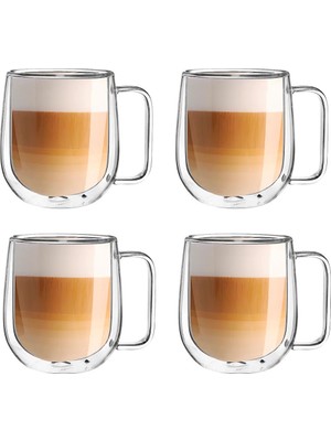 Mis Kitchen 4‘lü Set Çift Cidarlı Kulplu Kupa Bardak Seti Şeffaf Cam Soğuk - Sıcak Kahve Bardağı Çay Bardağı