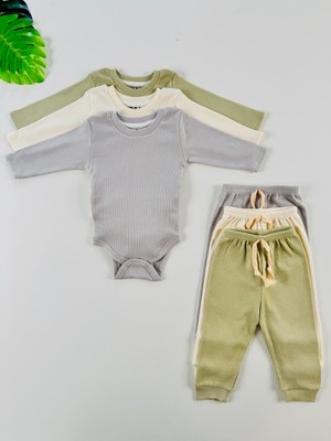 Efu Baby 3'lü %100 Pamuklu Unisex Esnek Uzun Kol Kaşkorse Bebek Body Pantolon Takım