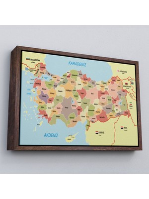 Çerçeveli Türkiye Haritası Kanvas Tablo Sınır Komşulu Eğitici Dekoratif TABLO-3101