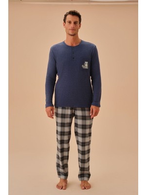 Suwen Forest Erkek Pijama Takımı Uzun Kol Yuvarlak Yaka Desenli Rahat Dokuma Kumaş