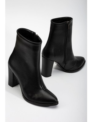 Destina Siyah Cilt Sivri Burunlu Fermuarlı Kalın Topuklu Bot
