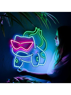 Bulbasaur Neon LED Metal Duvar Dekoru - Pokemon Tasarımlı, Modern & Endüstriyel Stil, 46 cm x 46 cm | LED Işıklar Yatak Odası Konser Salonu Bar Kulüp Parti Düğün Dekorasyon Doğum Günü Hediyesi