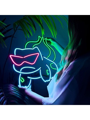 Bulbasaur Neon LED Metal Duvar Dekoru - Pokemon Tasarımlı, Modern & Endüstriyel Stil, 46 cm x 46 cm | LED Işıklar Yatak Odası Konser Salonu Bar Kulüp Parti Düğün Dekorasyon Doğum Günü Hediyesi