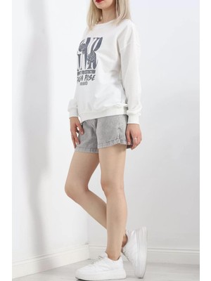 Baskılı Iki Iplik Oversize Sweat Ekru - 21648.200.