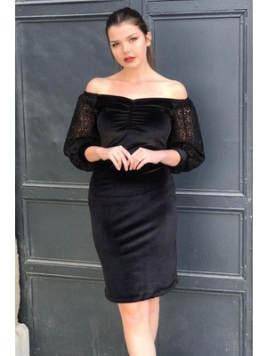 Kolu Dantelli Büzgü Detaylı Asimetrik Yaka Elbise