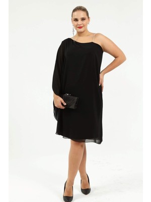Tek Omuz Taş Askılı Büyük Beden Abiye Elbise 6060K Siyah