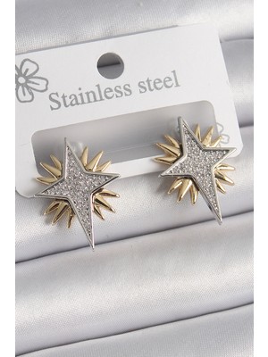 Stillove Pirinç Gold Gümüş Renk Zirkon Taşlı Kutup Yıldız Model Kadın Küpe