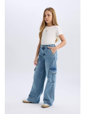 DeFacto Kız Çocuk Wide Leg Kargo Geniş Bol Paça Pamuklu Jean Pantolon D7089a825sp