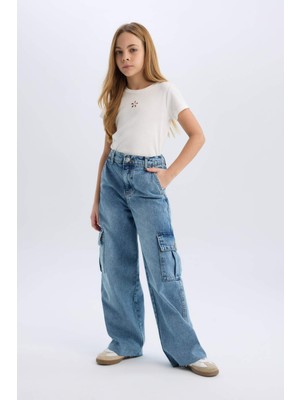 DeFacto Kız Çocuk Wide Leg Kargo Geniş Bol Paça Pamuklu Jean Pantolon D7089a825sp