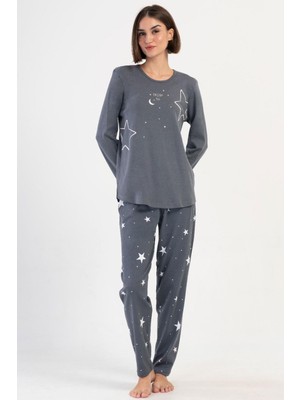 Kadın Uzun Kol Büyük Beden Füme Pijama Takım C7T5N3O304