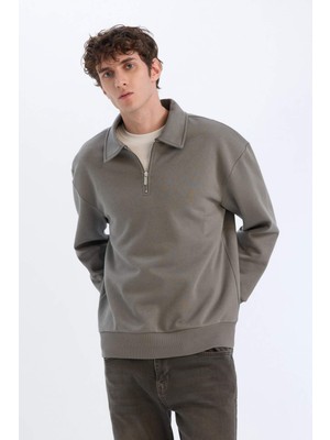 DeFacto Relax Fit Polo Yaka Fermuarlı Basic Düz Kalın Sweatshirt E5333AX24WN