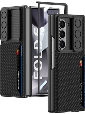 ZORE Samsung Galaxy Z Fold 6 Kılıf Kamera Korumalı Karbon Fiber Arka Yüzey Zore Kartlıklı Kıpta Sert Kapak-Siyah