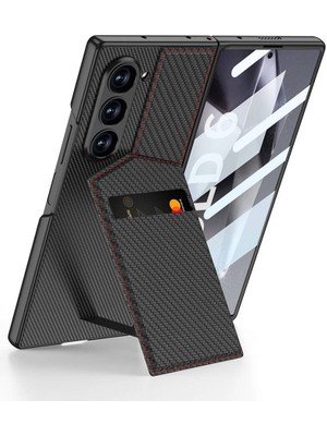 ZORE Samsung Galaxy Z Fold 6 Kılıf Karbon Fiber Kartlıklı Zore Kıpta Dik Açılan Kartlıklı Kapak-Siyah