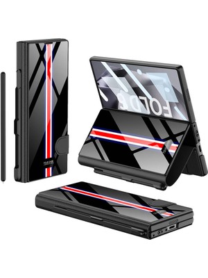 ZORE ​Samsung Galaxy Z Fold 6 Kılıf Kamera Korumalı Kartlıklı Kalem Bölmeli Zore Kıpta Çizgili Droga Kılıf-Siyah