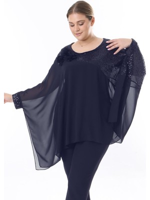 Büyük Beden 3917 Lacivert Bluz Ikili Takım