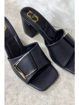 Günlük Kadın Terlik Tokalı Kalın Topuklu Bantlı Küt Burunlu Rahat Yumuşak Taban 219