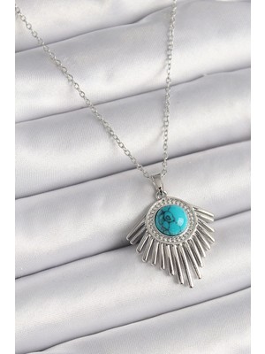 316L Çelik Gümüş Renk Zincir Mavi Boncuklu Zirkon Taşlı Kadın Kolye