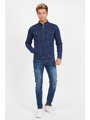 Erkek Koyu Mavi Fermuarlı Slim Fit Kot Ceket