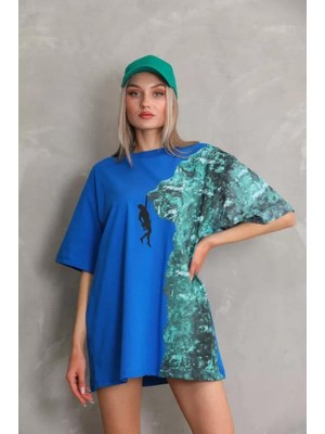 Etol Unisex Bisiklet Yaka Baskılı Oversize T-Shirt - Mavi