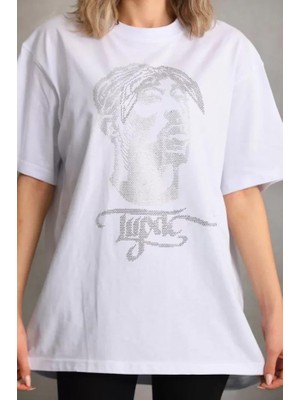 Etol Taş Desenli Oversize T-Shirt - Beyaz