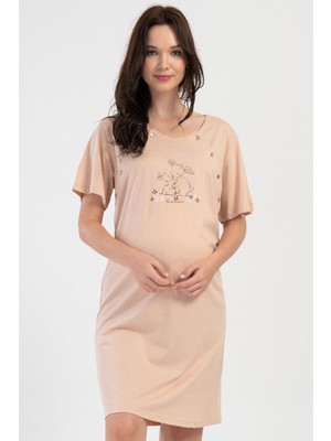 Vienetta Kadın Kısa Kol Hamile & Lohusa Gecelik %100 Pamuk Bej Tavşan Baskılı C3T8N1O304