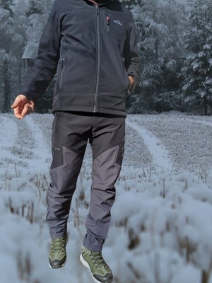 Snowmount Erkek Siyah Antrasit Su İtici Rüzgar Geçirmez Outdoor Kışlık Softshell Paça Fermuarsız Pantolon