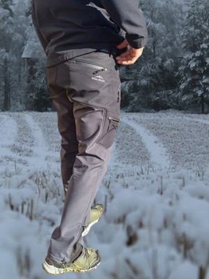 Snowmount Erkek Siyah Antrasit Su İtici Rüzgar Geçirmez Outdoor Kışlık Softshell Paça Fermuarsız Pantolon