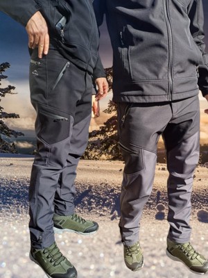 Snowmount Erkek Siyah Antrasit Su İtici Rüzgar Geçirmez Outdoor Kışlık Softshell Paça Fermuarsız Pantolon