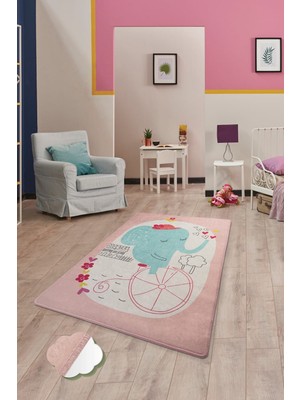 Chilai Home Elephants Bike Pembe Çocuk Halısı Djt Çocuk ve Bebek Halısı Yıkanabilir ,Leke Tutmaz 80 x 200