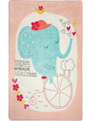 Chilai Home Elephants Bike Pembe Çocuk Halısı Djt Çocuk ve Bebek Halısı Yıkanabilir ,Leke Tutmaz 80 x 200