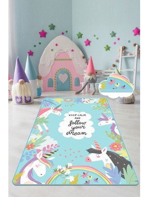 Chilai Home Cute Unıcorn Çocuk ve Bebek Halısı Yıkanabilir ,kaymaz Taban Djt 80 x 200