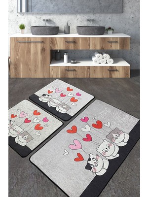 Chilai Home Kitten Banyo Halısı Djt 3 Lü Set Banyo Halısı Paspas Kaymaz Taban Yıkanabilir