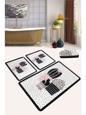 Chilai Home Three Cactus Djt 3 Lü Set Banyo Halısı Paspas Kaymaz Taban Yıkanabilir Klozet Takımı