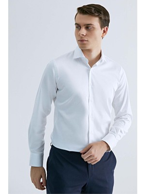 D'S Damat Ds Damat Slim Fit Beyaz Düz Pamuk Saten Gömlek