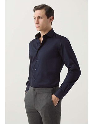 D'S Damat Ds Damat Slim Fit Lacivert Düz Pamuk Saten Gömlek 3HE02DY05006M