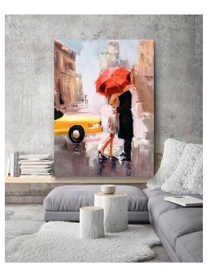 Kırmızı Şemsiye Altında Romantik Sevgililer Sarı Arabalı Kanvas Tablo 60X90 cm