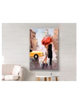 Kırmızı Şemsiye Altında Romantik Sevgililer Sarı Arabalı Kanvas Tablo 50X70 cm