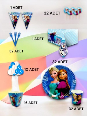 VibeHome 32 Kişilik Frozen Temalı Lü x  Set - Doğum Günü Parti ve Eğlenceli Etkinlikler
