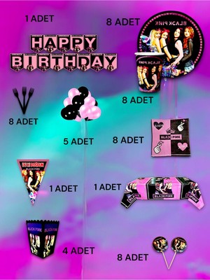 VibeHome 8 Kişilik Black Pink Temalı Ultra Lü x  Set - Doğum Günü Parti ve Eğlenceli Etkinlikler